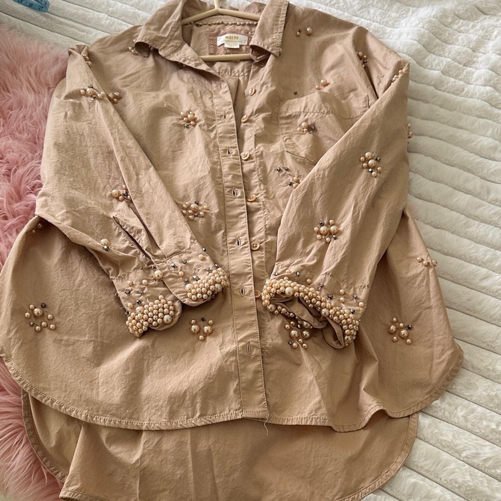 Anthropologie Mauve Dot-Trim Button-Up Shirt